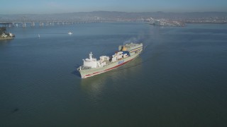 JDC02_041 - 5K aerial stock footage of tracking a cargo ship sailing the San Francisco Bay, San Francisco, California