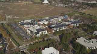 JDC03_012 - 5K stock footage aerial video of orbiting Googleplex office buildings in Mountain View, California
