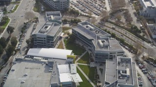JDC03_025 - 5K aerial stock footage tilt to bird's eye of Yahoo! Campus office buildings, parking lots, Sunnyvale, California