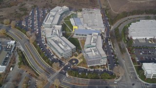JDC03_026 - 5K stock footage aerial video tilt from parking lots, revealing Yahoo! Campus office buildings, Sunnyvale, California