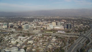 JDC04_005 - 5K stock footage aerial video of the city seen from Highway 87/Interstate 280 freeway interchange, Downtown San Jose, California