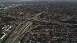 JDC04_010 - 5K stock footage aerial video approach freeway, reveal busy interchange near Downtown San Jose, California