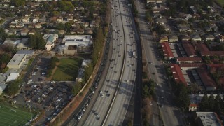 JDC04_012 - 5K aerial stock footage of a reverse view of Interstate 280 freeway, San Jose, California