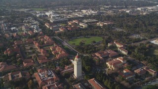 JDC04_022 - 5K aerial stock footage of Stanford University Medical Center, Hoover Tower, Stanford University, California