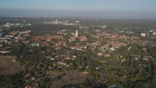 JDC04_029 - 5K aerial stock footage of approaching Stanford University and Hoover Tower, Stanford, California