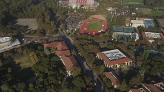JDC04_030 - 5K stock footage aerial video of Cobb Track, Angel Field, Stanford Stadium at Stanford University, California