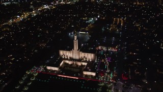 LD01_0051 - 5K stock footage aerial video orbit Los Angeles California Temple in Westwood, California at night
