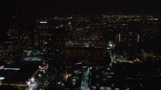 LD01_0055 - 5K aerial stock footage flyby skyscrapers at night in Century City, California