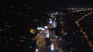 LD01_0063 - 5K aerial stock footage fly over the Sunset Strip at night, West Hollywood, California