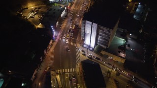 LD01_0064 - 5K aerial stock footage bird's eye of light traffic on the Sunset Strip at night, West Hollywood, California