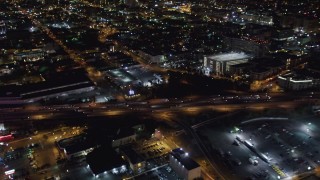 LD01_0083 - 5K aerial stock footage light traffic on the 110 at night in Downtown Los Angeles, California
