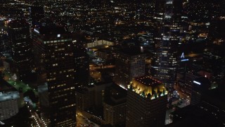 LD01_0084 - 5K aerial stock footage flying by 110 to reveal skyscrapers at night Downtown Los Angeles, California