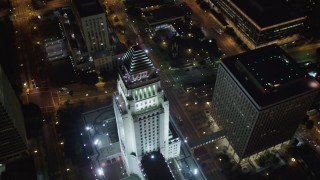 LD01_0087 - 5K aerial stock footage approaching city hall at night Downtown Los Angeles, California