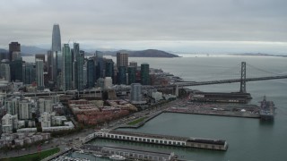 PP0002_000012 - 5.7K stock footage aerial video pan from Bay Bridge to reveal city's skyline, Downtown San Francisco, California