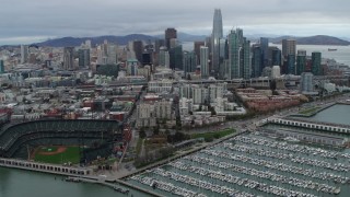 PP0002_000019 - 5.7K stock footage aerial video fly over AT&T Park and marina, with city skyline in background, Downtown San Francisco, California