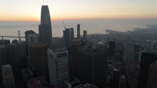 PP0002_000050 - 5.7K stock footage aerial video of the top of Salesforce Tower at sunrise in Downtown San Francisco, California