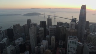 PP0002_000058 - 5.7K stock footage aerial video pan from Salesforce Tower to Coit Tower at sunrise in Downtown San Francisco, California