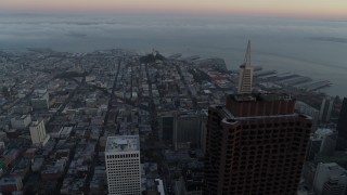 PP0002_000059 - 5.7K stock footage aerial video of Coit Tower and top of Transamerica Pyramid at sunrise in North Beach, San Francisco, California