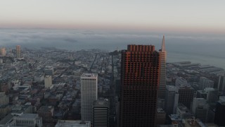 PP0002_000072 - 5.7K stock footage aerial video pan across fog over the bay behind city skyscrapers, reveal Salesforce Tower in Downtown San Francisco, California