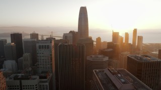 PP0002_000078 - 5.7K stock footage aerial video of passing Salesforce Tower and city skyscrapers at sunrise, Downtown San Francisco, California