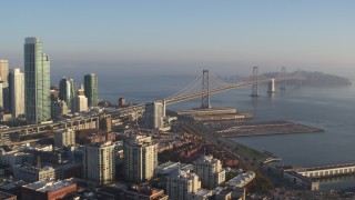PP0002_000087 - 5.7K stock footage aerial video pan from the Bay Bridge to reveal skyline of Downtown San Francisco, California