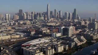 PP0002_000093 - 5.7K stock footage aerial video of a reverse view of the city's skyline, Downtown San Francisco, California