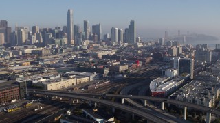 PP0002_000097 - 5.7K stock footage aerial video approach the city's skyline from South of Market train station, Downtown San Francisco, California