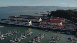PP0002_000148 - 5.7K stock footage aerial video pan from Alcatraz to Fort Mason piers and the city skyline, San Francisco, California
