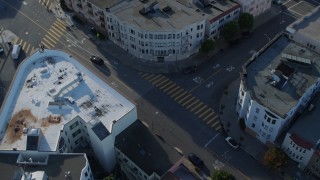 PP0002_000151 - 5.7K stock footage aerial video circle above city street lined with apartment buildings in the Marina District, San Francisco, California