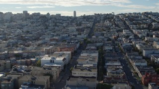 PP0002_000154 - 5.7K stock footage aerial video passing broad city streets lined with apartment buildings in the Marina District, San Francisco, California