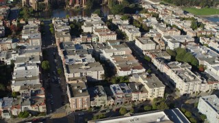 PP0002_000164 - 5.7K stock footage aerial video reverse view of apartment buildings, tilt to Palace of Fine Arts, Marina District, San Francisco, California