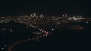 PP003_006 - HD stock footage aerial video of flying toward hotels and casinos in Atlantic City, New Jersey at night