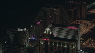 PP003_016 - HD stock footage aerial video of panning past several hotels and casinos at night in Atlantic City, New Jersey