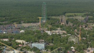 PP003_069 - HD stock footage aerial video of several rides and roller coasters at the Six Flags Great Adventure theme park in Jackson, New Jersey
