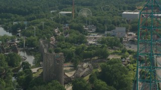 PP003_072 - HD stock footage aerial video of panning past roller coasters at Six Flags Great Adventure theme park in Jackson, New Jersey