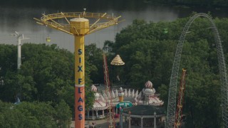 PP003_074 - HD stock footage aerial video of the Parachute Jump Tower ride at Six Flags Great Adventure theme park, Jackson, New Jersey