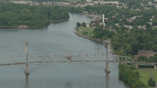 PP003_084 - HD stock footage aerial video of flying by the Burlington-Bristol Bridge and river in Burlington, New Jersey