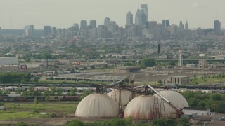 PP003_093 - HD stock footage aerial video of the Downtown Philadelphia skyline seen from silos, Pennsylvania