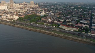 PVED01_039 - 4K aerial stock footage fly over St. Louis Cathedral and Jackson Square in the French Quarter at sunrise, New Orleans, Louisiana