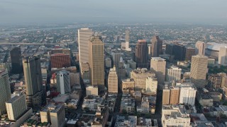 PVED01_040 - 4K aerial stock footage orbit tall skyscrapers in Downtown New Orleans, Louisiana at sunrise