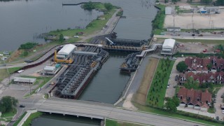 PVED01_097 - 4K aerial stock footage orbit 17th Street Canal pumping station in Metairie, New Orleans, Louisiana