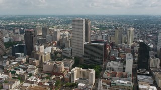 PVED01_115 - 4K aerial stock footage approach and fly over One Shell Square in Downtown New Orleans toward Iberville Projects, Louisiana