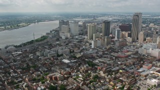 PVED01_116 - 4K aerial stock footage orbit the French Quarter and Downtown New Orleans skyscrapers, Louisiana