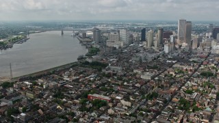 PVED01_117 - 4K aerial stock footage wide orbit of French Quarter, Downtown New Orleans and the Mississippi River, Louisiana