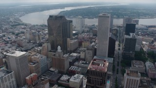 PVED01_127 - 4K aerial stock footage fly over Downtown New Orleans to the Mississippi River, Louisiana