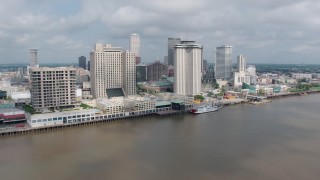 PVED01_134 - 4K aerial stock footage riverfront skyscrapers in Downtown New Orleans, Louisiana