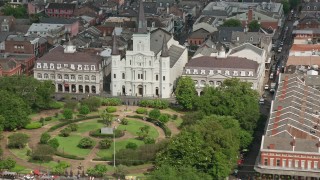 PVED01_136 - 4K aerial stock footage fly over St. Louis Cathedral and Jackson Square in the French Quarter, New Orleans, Louisiana