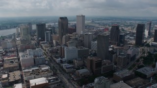 PVED01_159 - 4K aerial stock footage orbit of Downtown New Orleans high-rises in Louisiana