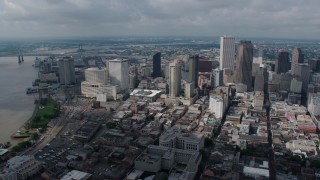 PVED01_160 - 4K aerial stock footage wide orbit of Downtown New Orleans, and reveal St. Louis Cathedral, Louisiana