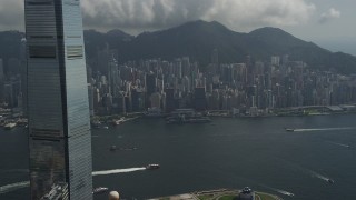 SS01_0005 - 5K stock footage aerial video of view of Hong Kong Island high-rises from International Commerce Centre in Kowloon, China